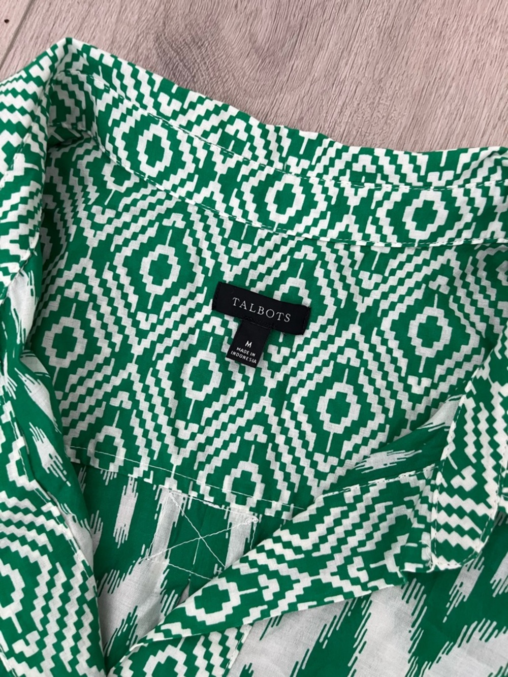 Talbots Green and White Geometric Button-Front Blouse